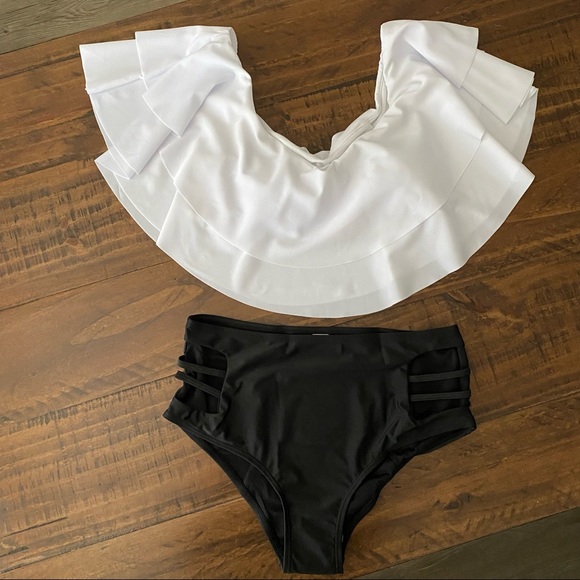 2 Piece New Swimsuit High Waist Bottoms/Ruffle Top Black White Bikini S - Picture 5 of 13